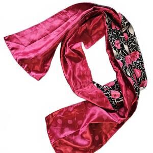 Vintage Satin Scarf with Pink Floral and Black Pattern